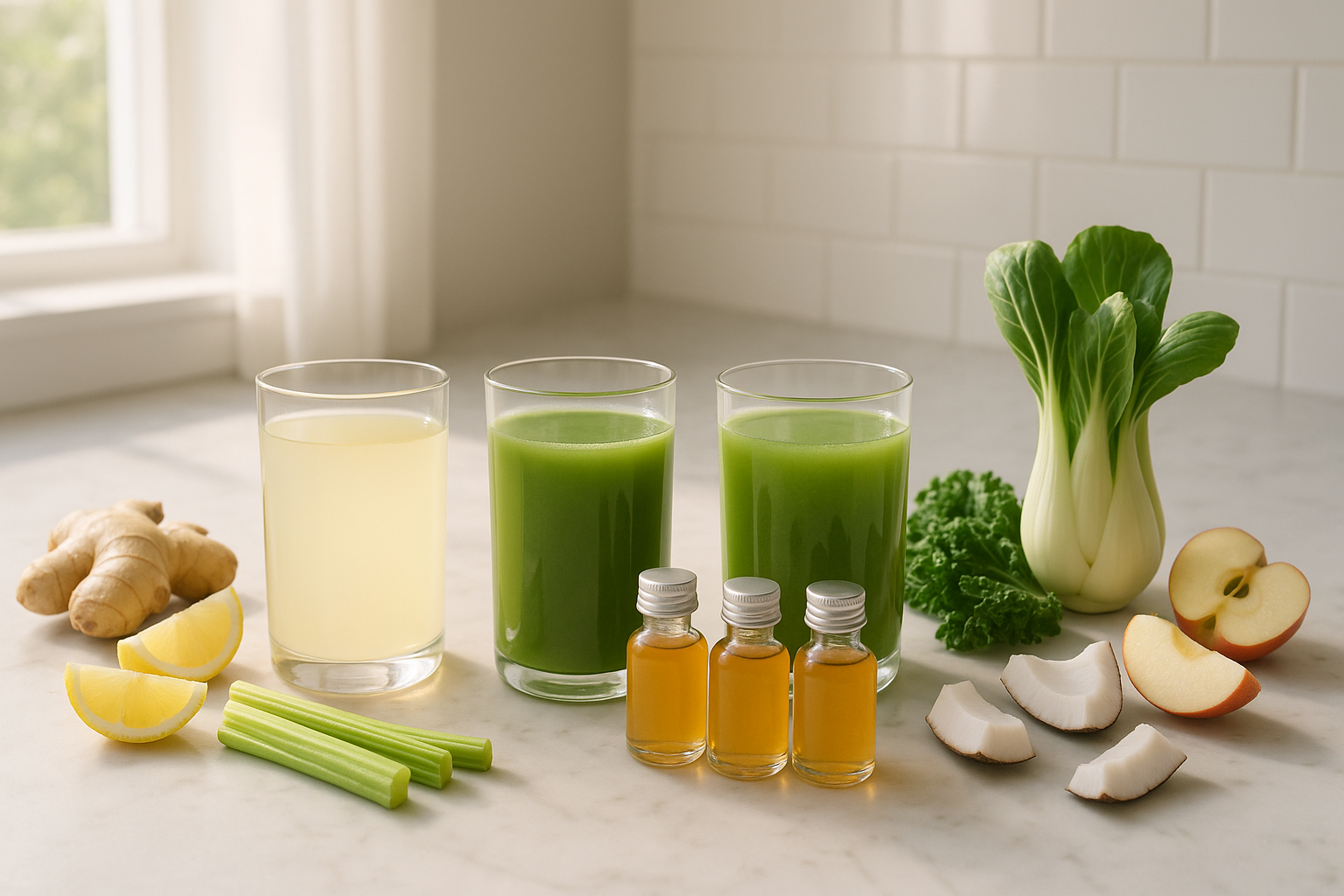 Gut Biome 3 Day Pack with identical shot bottles and clean glasses